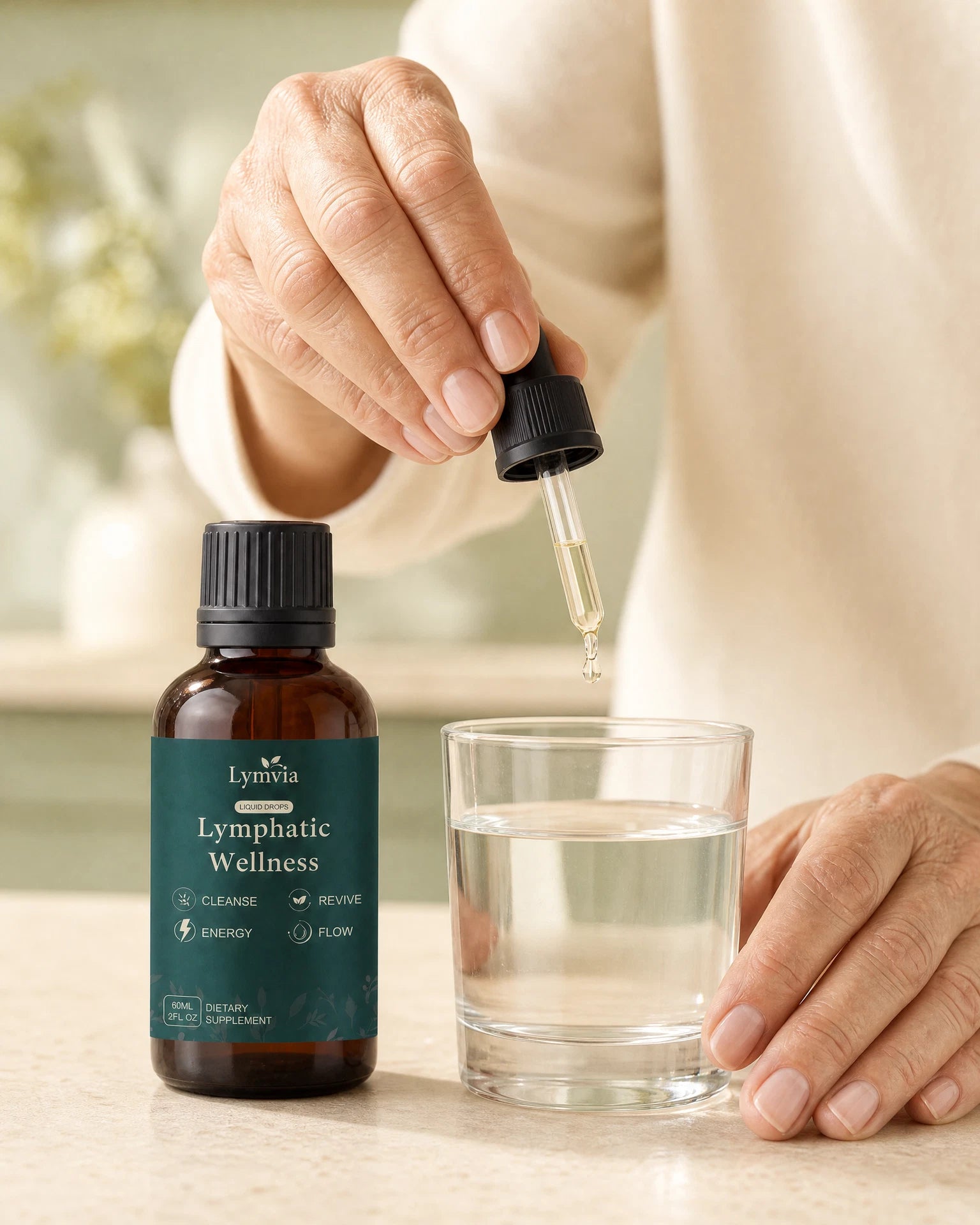 Lymvia dropper being added to a morning glass of water